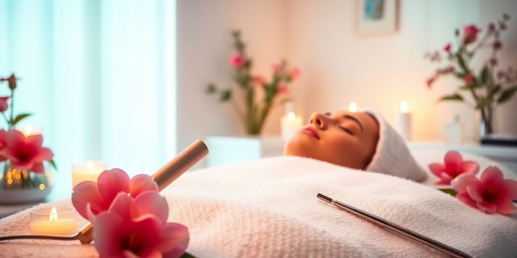 Ambiente de spa com ferramentas de estética e flores.