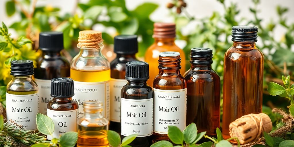 Vários óleos naturais em frascos de vidro.