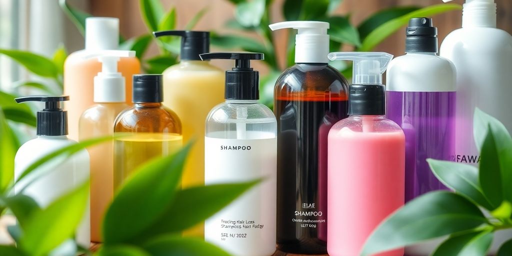 Diferentes frascos de shampoo para queda de cabelo.