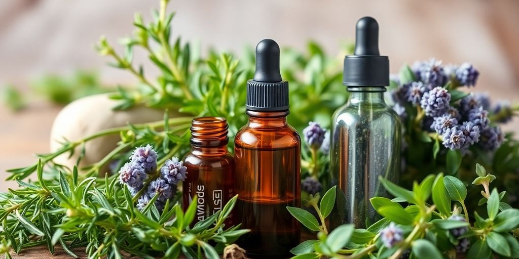 Frascos de óleos essenciais com ervas frescas ao redor.