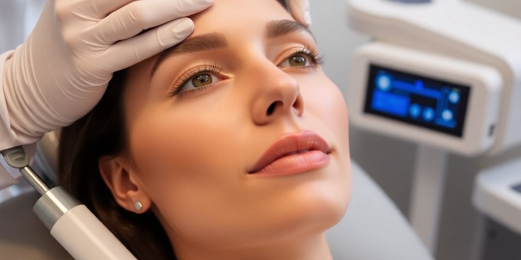 Tratamento de lifting facial não cirúrgico em mulher.