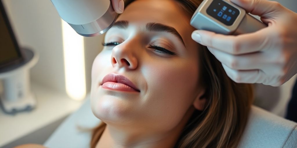 Mulher recebendo tratamento facial com laser moderno.
