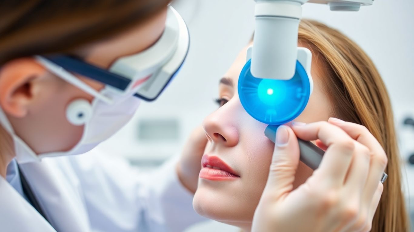 Dermatologista analisando pele saudável com equipamentos modernos