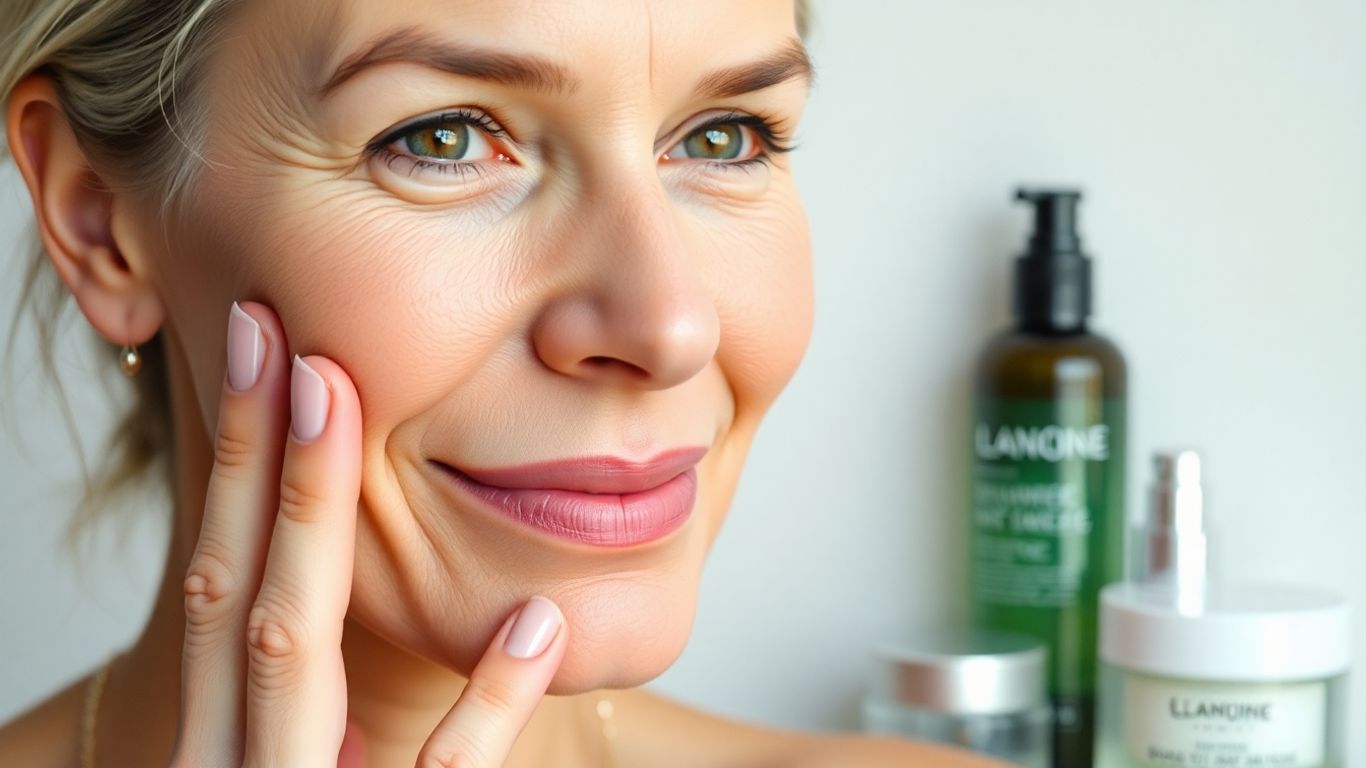 Mulher adulta com pele limpa cuidando do rosto, acne tratada.