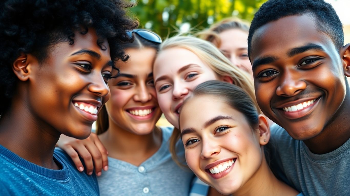 Adolescentes com acne sorrindo juntos ao ar livre durante o dia.